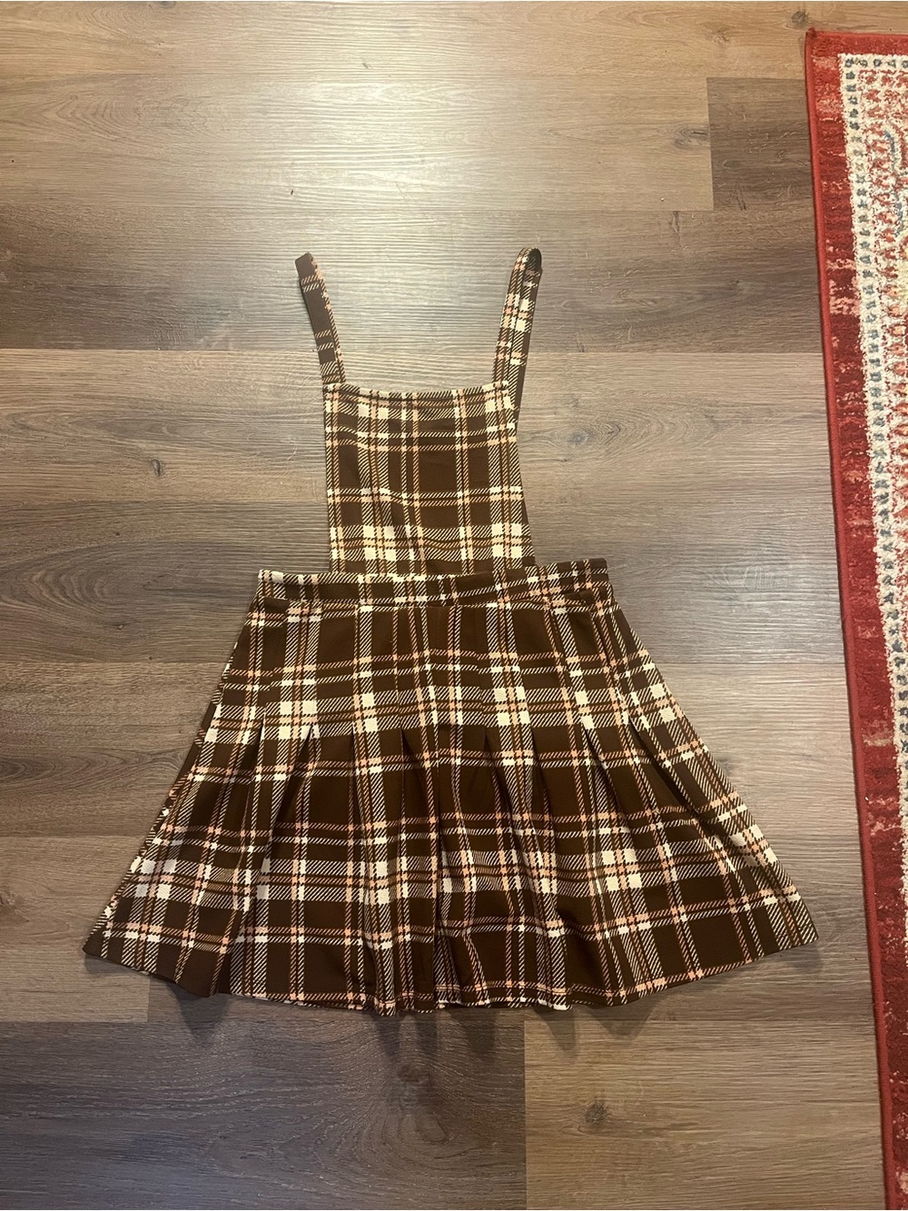 Almost Famous Brown Plaid Pinafore Dress with Cream Accent